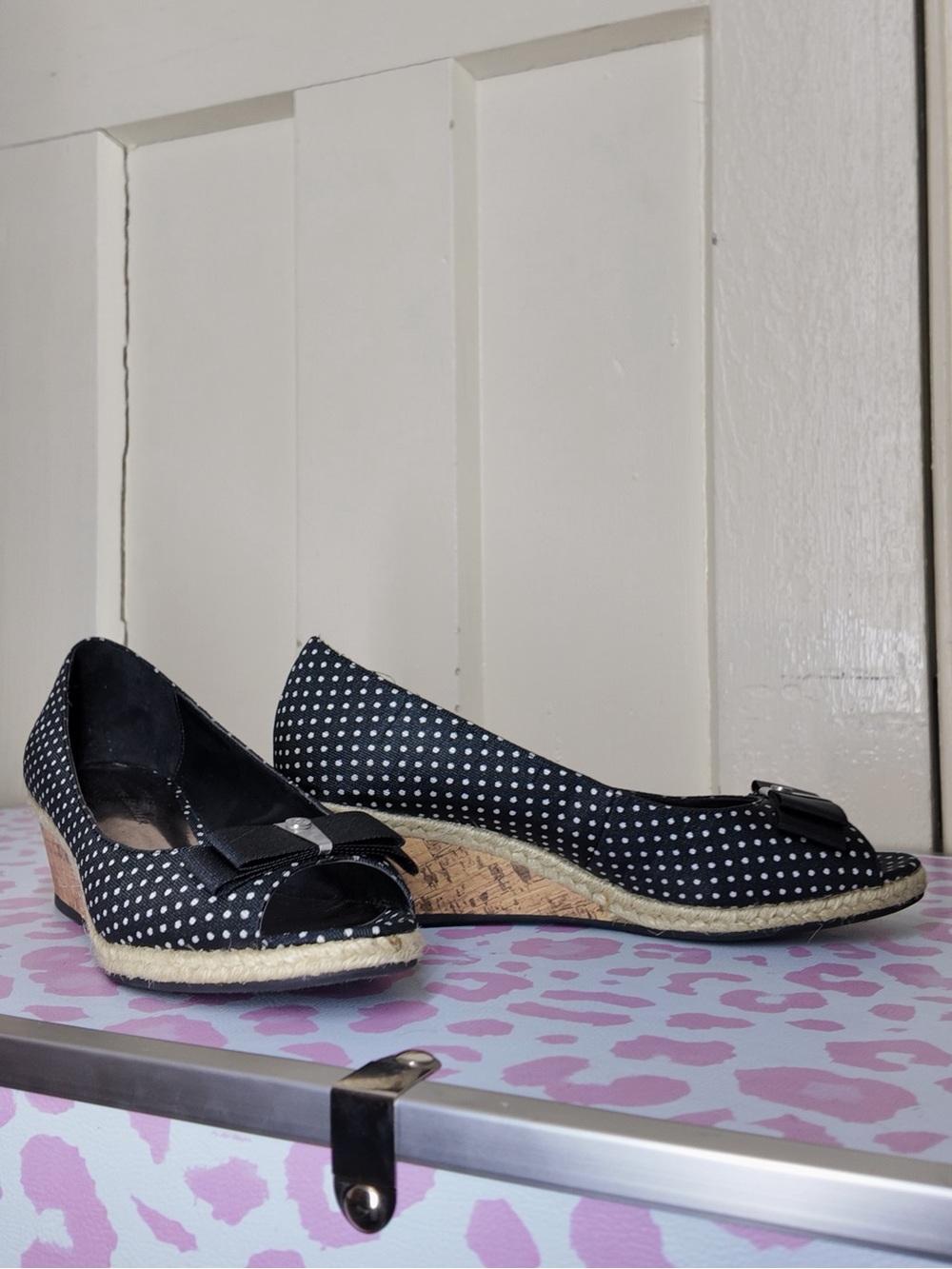 Polka Dot Peep-Toe Wedge Espadrilles with Bow size US 6.5 by Etienne Aigner